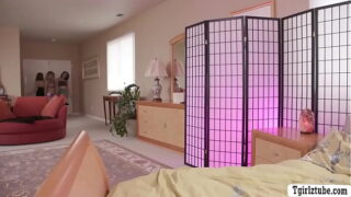 Aliya Brynn gets double penetrated by two busty Hot Sheboys